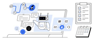 Chatbot dizüstü bilgisayarında kullanıcılara diyalog kutuları, görev simgeleri, kullanıcı geribildirimleri, pano ve takvim ile yardımcı oluyor. Teknoloji, müşteri desteği, otomasyon, verimlilik iletişim araçları için ideal
