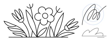 Özetlenmiş çiçekler ve yapraklar soyut kıvrımlar ve hafif bir bulut aksanıyla. Doğa, bahar, ekoloji, bahçecilik, çiçek sanatı, basitlik, organik temalar için idealdir. Temiz ve basit düz metafor