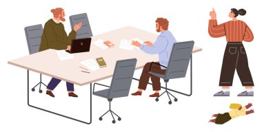 İş ekibi laptopları ve kağıtları olan bir masanın etrafında dokümanları tartışıyor. Kadın, neşeli bir çocuğu denetlerken yakınlarda etkileşime geçiyor. İş hayatı dengesi, takım çalışması, ebeveynlik ve aile için ideal