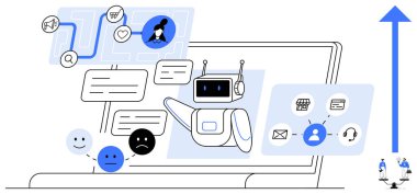 Sohbet baloncuklarına, duygu simgelerine ve dijital arayüzdeki etkileşim panellerine cevap veren robot. Yapay zeka geliştirme, iletişim, müşteri hizmetleri, sohbet teknolojisi, otomasyon, dijital araçlar için ideal