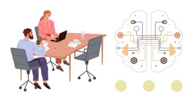İki profesyonel, bir masada dizüstü bilgisayar ve yapay zekayı sembolize eden beyin şeklindeki bir diyagramın yanında belgeleri tartışıyorlar. Takım çalışması için ideal, yapay zeka, yenilik, beyin fırtınası, iletişim, öğrenme