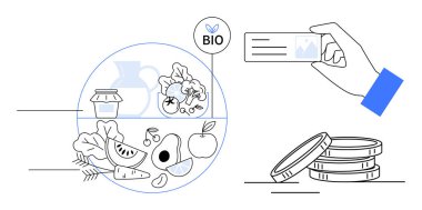 Taze sebzeler, meyveler, konserve ürünler, biyolojik sertifika etiketi, el ele tutuşma kartı ve bozuk para yığını organik tarım, çevre dostu ürünler, finansal yatırım ve sürdürülebilir