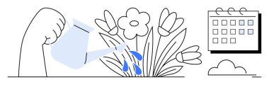 Çiçeklerin üzerine su dökerek bakımı ve büyümeyi sembolize ediyor. Planlamayı ima eden bir takvimle. Sürdürülebilirlik, bahçıvanlık, planlama, yetiştirme, büyüme, üretkenlik için ideal