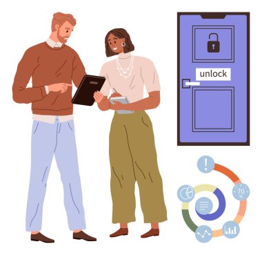 Tabletteki verileri analiz eden iki profesyonel. Kilitli ve kilidi açık mavi bir kapı. İlerleme çizelgesi. Takım çalışması, işbirliği, sorun çözme, strateji, yenilik, verimlilik eğitimi için ideal