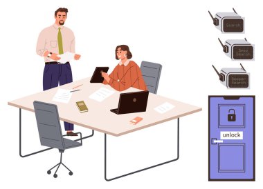 Dizüstü bilgisayarları ve kağıtları olan bir masada iş birliği yapan iş adamları, kilidi açan, açan ve arama metaforunu gösteren ikonlar. Takım çalışması, beyin fırtınası, güvenlik, yenilik ve araştırma için ideal