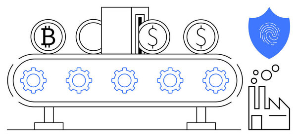 Conveyor belt producing cryptocurrency coins with blockchain security shield, cogwheels, and factory icon. Ideal for fintech, blockchain, security, industry, automation, economy and innovation