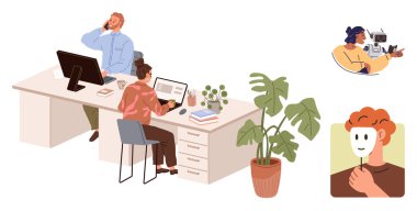 Ekip, yakınlardaki tesislerle, kamera operatörüyle, maske takan kişilerle iş birliği yapıyor. Takım çalışması, işyeri, yaratıcılık, ikilik, kişisel kimlik, iletişim çeşitliliği için ideal basit