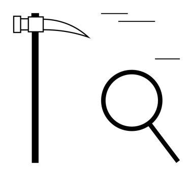 Kazma ve büyüteç keşif, madencilik ve araştırmanın sembolü. Bilim, veri analizi, keşif, araştırma, geliştirme problem çözme buluşları için idealdir. Basit düz