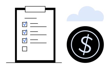 İşaretli eşyalar ve boş bir kutunun yanında dolar işareti olan boş bir kutunun olduğu kontrol listesi. Organizasyon, verimlilik, finans, bütçe, planlama, hedef belirleme ve başarı için ideal. Basit düz