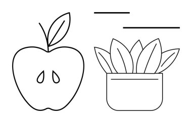 Elmanın sapı ve tohumları tencerede bir bitkinin yanında, basit bir sanat tarzında çizilmiş. Sağlık, refah, doğa, basitlik, çevre dostu tasarım, minimalizm ve organik temalar için idealdir. Basit.