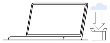 Bilgisayarı, bulut simgesini, aşağıya doğru oku veri indirmeyi, yedeklemeyi, depolamayı sembolize eden bir kutuya koy. Veri yönetimi, bulut hesaplama, teknoloji, uzak çalışma dijital araçları dosya paylaşımı için idealdir
