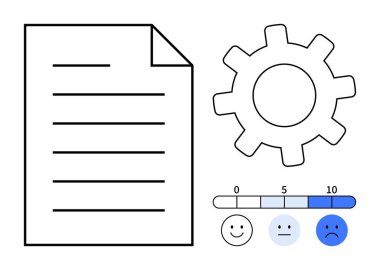 Yatay çizgileri olan kağıt, çark sembolize eden ayarlar, ve mutlu yüzlerden üzgün ve sayısal sınıflandırmaya sahip memnuniyet ölçeği. Geri bildirim, tatmin, sistem ayarları için ideal