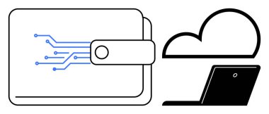 Güvenli çevrimiçi ödemeleri sembolize eden bir bulut ve dizüstü bilgisayara devre tasarım bağlantıları olan dijital cüzdan. Teknoloji, finans, kripto para birimi, e-ticaret, veri güvenliği, bulut hesaplama, sanal