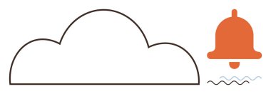 Minimalist bulut çizgisi ve ses dalgalı turuncu uyarı çanı. Teknoloji, mesajlaşma, bulut hesaplama, uyarılar, iletişim, hatırlatıcılar, senkronizasyon, basit düz metafor için ideal