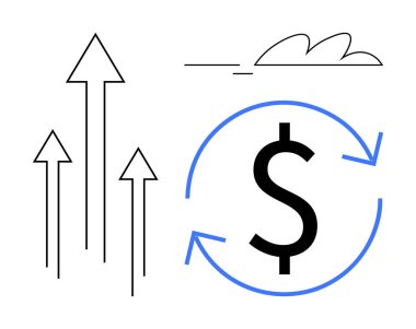 Yükselen oklar, oklarla çevrili bir dolar sembolüyle büyümeyi gösteriyor. Bu da finansal dolaşımı ve ilerlemeyi simgeliyor. İş, ekonomi, yatırım, gelir, kalkınma, refah için ideal