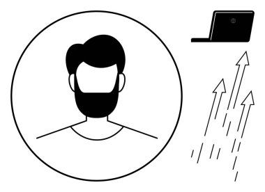 Dairesel çerçevede sakallı bir erkek portresi, açık bir dizüstü bilgisayar ve birden fazla yukarı doğru ok. Kişisel gelişim için ideal, teknoloji, kariyer büyümesi, ilerleme, yenilik, yaratıcılık başarısı