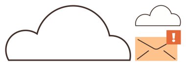 E- posta zarfı ve uyarı simgesi olan büyük bir bulut. Veri depolama, yedekleme, internet iletişimi, hatırlatma, bildirim, bilgi alma, dosya paylaşımı için ideal. Modern düz metafor