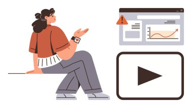 Veri tablosunun yanında oturan sıradan jestler yapan kadın, uyarı alarmı ve oynatma tuşu. Analiz için ideal, çevrimiçi eğitim, büyüme stratejisi, çalışma süreci, öğretiler, iletişim modern