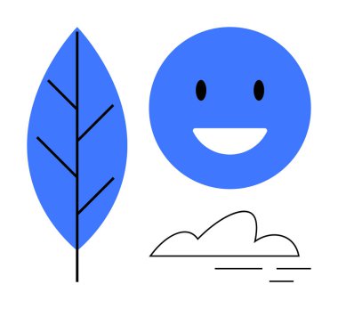 Mavi yaprak, gülümseyen yüz ve basit bulut uyumu, mutluluk ve sakinliği çağrıştırıyor. Sürdürülebilirlik, refah, pozitiflik, yaşam tarzı sadeliği ve tasarım markası için idealdir. Basit.