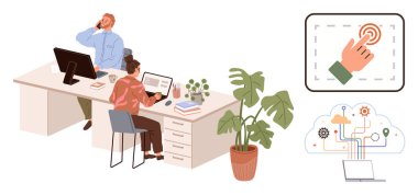 Masalarda dizüstü bilgisayarlarla çalışan iki profesyonel. Etrafı fabrika ve ofis eşyalarıyla çevrili. Bulut ve otomasyon akış şemasına sahip teknoloji ikonu. Takım çalışması için ideal, uzak çalışma, yenilik, teknoloji stratejisi