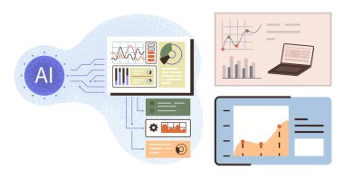 Çizelgeler, grafikler ve eğilimleri analiz eden bir laptop ile yapay zeka veri analizi. Otomasyon, teknoloji, yenilik, iş stratejisi, büyük veriler, basit düz metafor öğrenmek için ideal