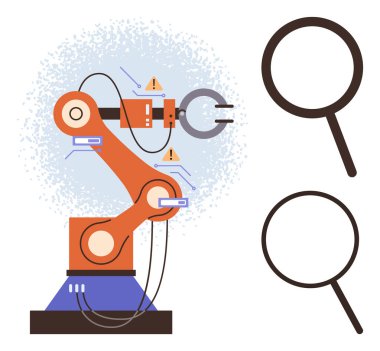 Analizi ve hassasiyeti sembolize eden iki büyüteç yanında ayrıntılı mekanizmaları olan robot kol. Teknoloji, otomasyon, endüstri, robotik, kalite kontrolü için ideal