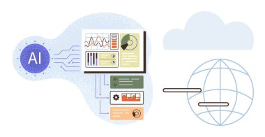 Yapay zeka modülü analitik gösterge paneli ve bulut ağıyla bağlantılıdır, bağlantıyı vurgular, veri güdümlü içgörüler. Yenilik, otomasyon, strateji, teknoloji, ağ kurmak için ideal
