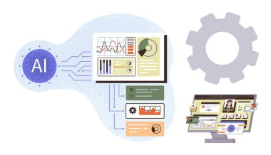 Yapay zeka entegrasyonunu gösteren diyagram, veri tabloları, grafikler ve otomatik süreçler. Teknoloji, iş zekası, yenilik, analitik, eğitim makinesi öğrenme ve iş akışı için ideal