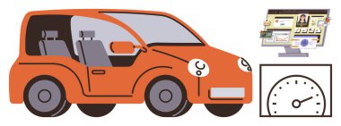 İç koltuklu turuncu araba, hız göstergesi ve otomotiv içeriğini gösteren bilgisayar monitörü. Ulaşım, teknoloji, bakım, çevrimiçi hizmetler, araba tasarımı, güvenlik sürücüsü için ideal