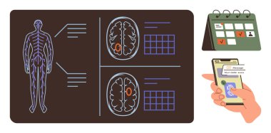 İnsan sinir sistemi diyagramı ve işaretlenmiş bölgelerle beyin taraması randevularla takvim ve akıllı telefon tebligatı. Tıp, sağlık, nöroloji, zaman yönetimi için ideal