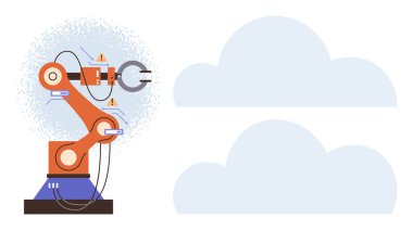 Kablolu robotik kol, güvenlik uyarıları ve endüstriyel bileşenler. Otomasyon, yapay zeka, bulut teknolojisi, endüstriyel süreçler, yenilikler ve modern mühendislik için idealdir. Basit düz metafor