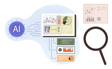 Yapay zeka, veri tabloları, grafikler, büyüteç ve makine öğrenimini, yenilikleri, problem çözmeyi, iş stratejilerini, analitik büyümeyi ve teknolojiyi temsil eden akış şemaları. Bilim için ideal.
