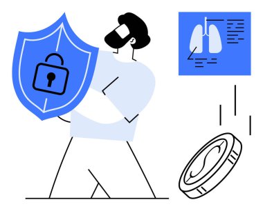 Adam kalkanı kilit simgesiyle tutuyor, korumayı sembolize ediyor. Yakın akciğerler bilgi ve kapsül sağlık güvenliğini temsil ediyor. Teknoloji, tıp, siber güvenlik, yenilik ve güvenlik için ideal