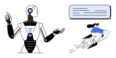 Robot, hızla ilerleyen bir fütüristik cihazla bir mesaj baloncuğuna doğru hareket ediyor. Yenilik için ideal, yapay zeka, otomasyon, insan-makine işbirliği, teknoloji, gelecekçi vizyonlar