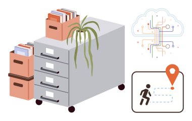 Dosya dolabı ve istiflenmiş kutular belgeleri barındırır, bitki dekoru ekler, ağ bulutu bağlantıyı betimler, simge çalıştırmak ilerlemeyi ve konumu sembolize eder. Organizasyon, veri depolama ve bağlantı için ideal