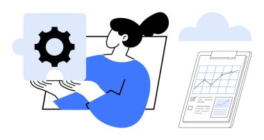 Dişli bulmaca parçası tutan kadın problem çözmeyi simgeliyor. Haritalı pano ve bulut içerir. Takım çalışması, yazılım, yenilik, strateji, analitik, işbirliği için ideal basit düz metafor