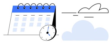 Akış ve esnekliği sembolize eden soyut bulut ve çizgilerle takvim ve zaman yönetimine odaklanan spiral takvim ve saat. Planlama, üretkenlik, teslim tarihi, organizasyon için ideal