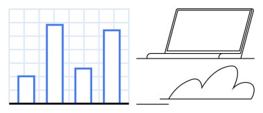 Bulut resimli minimalist bir dizüstü bilgisayarın yanında veri karşılaştırması gösteren bir bar çizelgesi. Analiz, teknoloji, bulut hesaplama, iş stratejisi, veri depolama, dijital araçlar ve uzaktan kumanda için ideal