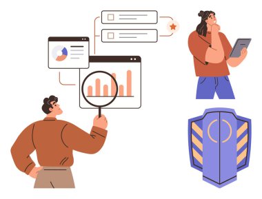 Haritaları ve grafikleri kullanarak verileri analiz eden adam tabletteki geri bildirimleri inceleyen kadın, güvenliği simgeleyen kalkan. Veri yönetimi, analitik, takım çalışması, geribildirim, güvenlik, strateji basit düz