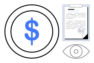 Bir madeni paranın üzerinde mavi dolar işareti, panoda imzalı belge, ve mali, yasal ve incelenmiş kavramlar için göz. Finans, sözleşmeler, onay, uyum pazarlığı yatırımlarının izlenmesi için ideal