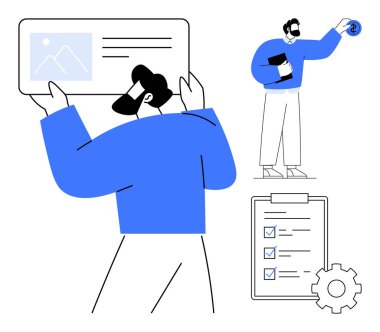 İş adamı dijital ekrandaki içeriği inceliyor, verileri analiz ediyor, dişli dişli listeyi kontrol ediyor. Takım çalışması, üretkenlik, görev öncelikleri, strateji, veri yönetimi, organizasyon için ideal