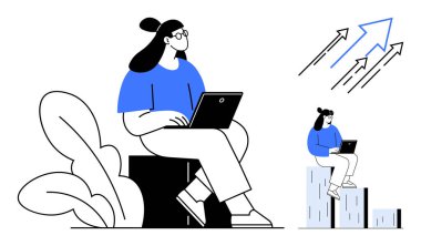 Merdivenlerde dizüstü bilgisayarı ve bitkileri olan bir kadın yukarı doğru ok analizi yapıyordu. Üretkenlik, büyüme, kariyer, iş, öğrenme, gelişme için idealdir. Basit bir düz metafor.