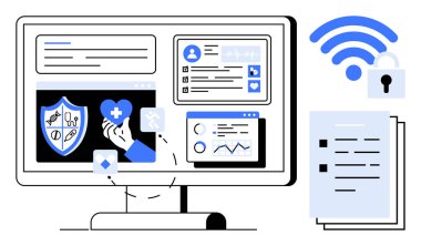 Sağlık hizmeti verileri, kalkanı, kalp ikonu ve kablosuz sinyal ve kilitlenmenin yanında grafikleri olan bilgisayar. Teletıp, veri gizliliği, teknoloji, tanı, güvenli iletişim için ideal
