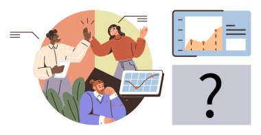 Ekip üyeleri ekranlarda veri grafiklerini inceliyor ve yaratıcı bir şekilde işbirliği yapıyorlar. Takım çalışması, yenilik, strateji, iş büyümesi, analitik beyin fırtınası ve karar verme için ideal. Basit.