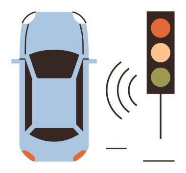 Mavi araç radar sinyalli trafik ışığı tespit ediyor, akıllı araba teknolojisi sergiliyor. Otomatik teknoloji, güvenlik, yenilik, ulaşım, bağlantı, navigasyon, gelecekle ilgili tasarımlar için ideal