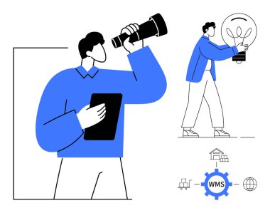 Teleskop kullanan biri tablet tutarken, diğeri de ampul taşırken. Strateji, yenilik, lojistik, planlama, teknoloji, depo yönetimi, büyüme için ideal. Basit düz metafor