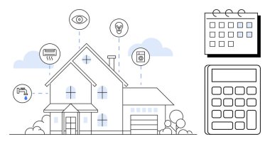 Güvenlik, aydınlatma, havalandırma ve aletler için akıllı cihazların olduğu bir ev. Takvim ve hesap makinesi enerji planlamasını ve verimliliğini vurguluyor. Ev otomasyonu, teknoloji, maliyet tasarrufu için ideal