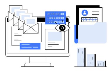 E- postaları, ikili kodları ve bir gözü olan bilgisayar ekranı. Belgeler ve bar çizelgeleri klasörünün yanında. Siber güvenlik, veri gizliliği, analitik, organizasyon, iletişim teknolojisi için ideal