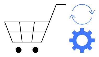 Alışveriş arabası, dairesel oklar ve vites simgeleri e-ticaret, otomasyon ve sistem işletimini iletir. İş, alışveriş, dijital süreç, otomasyon işleri için ideal perakende teknolojisi