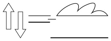 Veri hareketini gösteren yukarı ve aşağı oklar, bağlantıyı sembolize eden çizgiler ve çevrimiçi depolamayı temsil eden bir bulut. Teknoloji, iletişim, ağ, bulut hesaplama, dijital için ideal